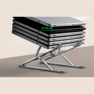 YYLM aluminium laptop stand holding a laptop, shown folded flat